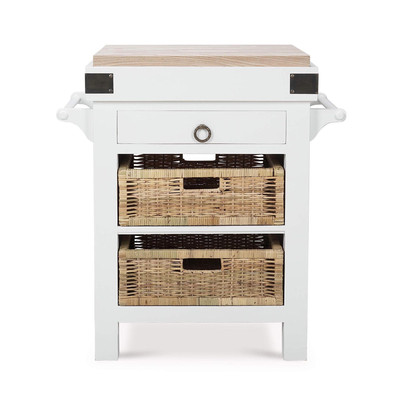 Front view of kitchen island, baskets and drawer visible.