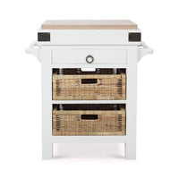 Front view of kitchen island, baskets and drawer visible.