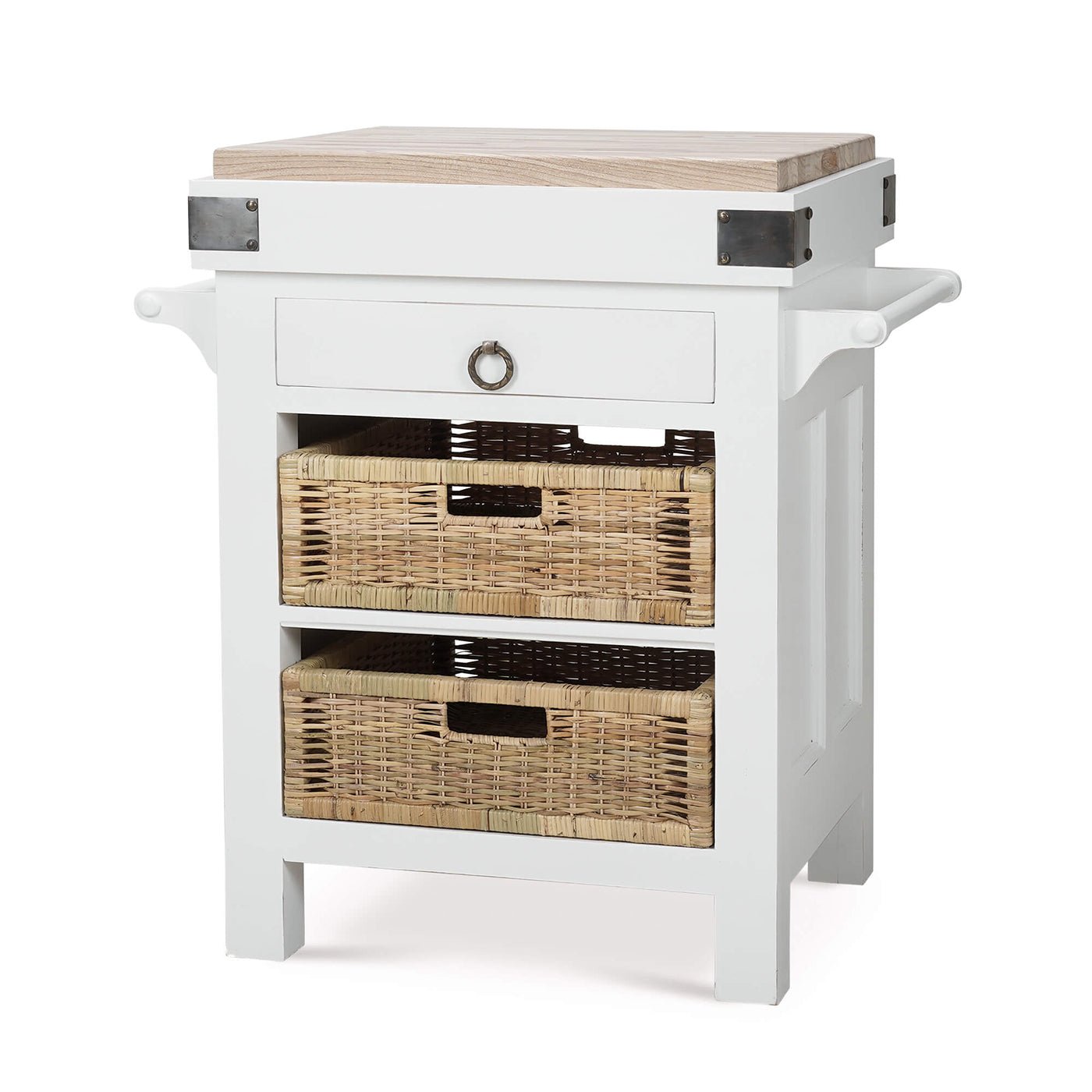 Small kitchen island with baskets and wood top, angled view.