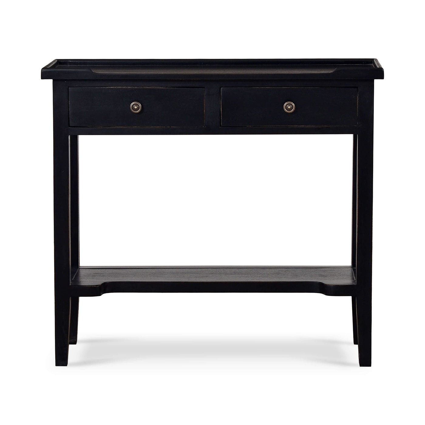 Black console table, front view with two drawers.