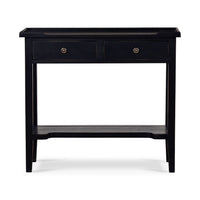 Black console table, front view with two drawers.