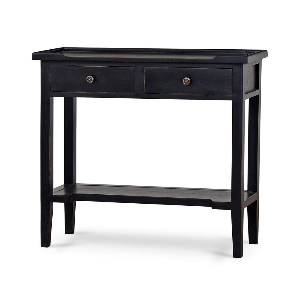 Black console table with two drawers, front angle.