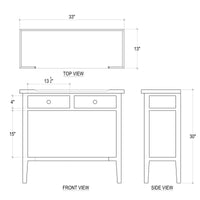 Dimensions diagram of black console table, multiple views.