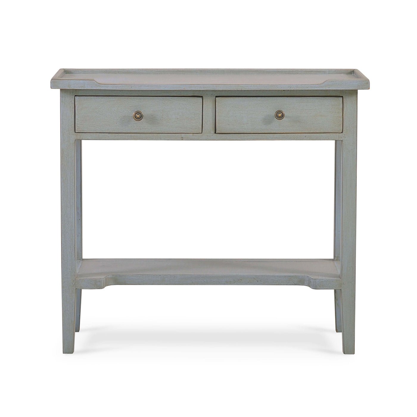 Front view of gray console table with two drawers.