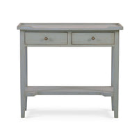 Front view of gray console table with two drawers.