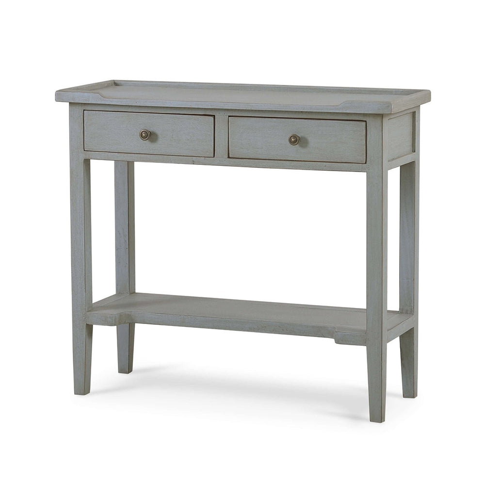 Angled view of gray console table with drawers.