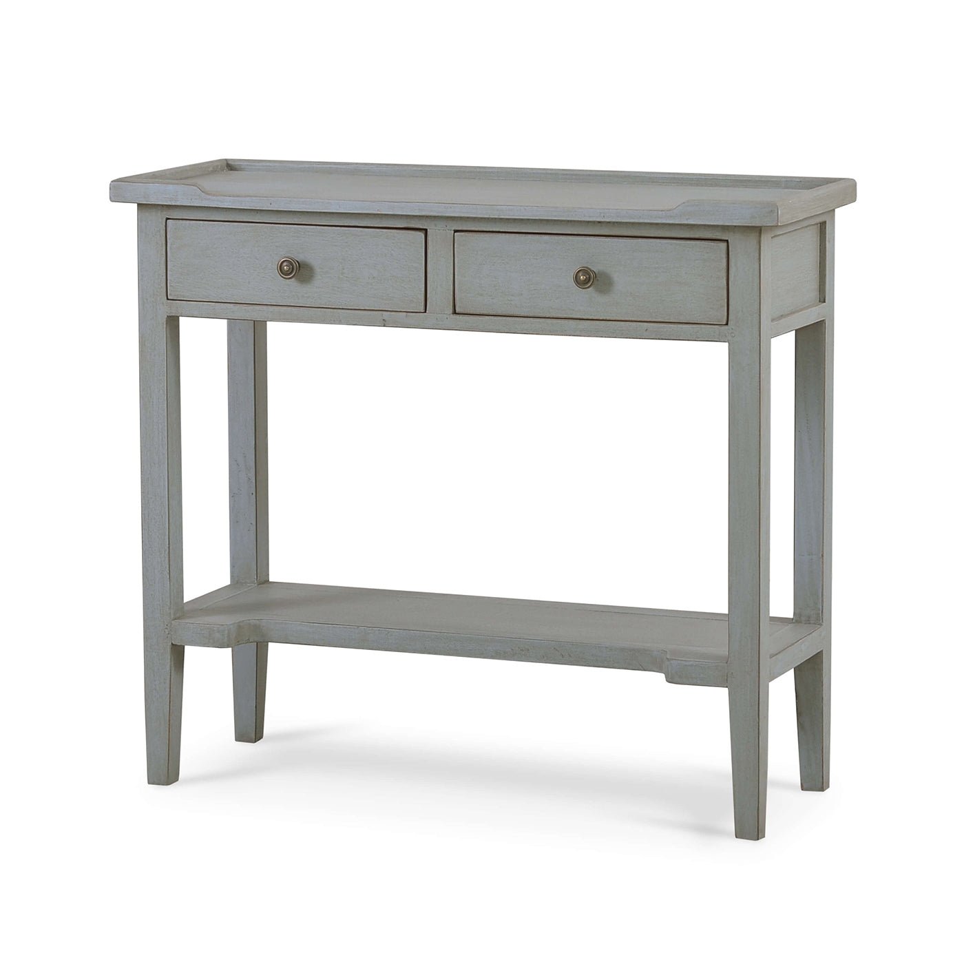 Angled view of gray console table with drawers.