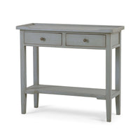 Angled view of gray console table with drawers.