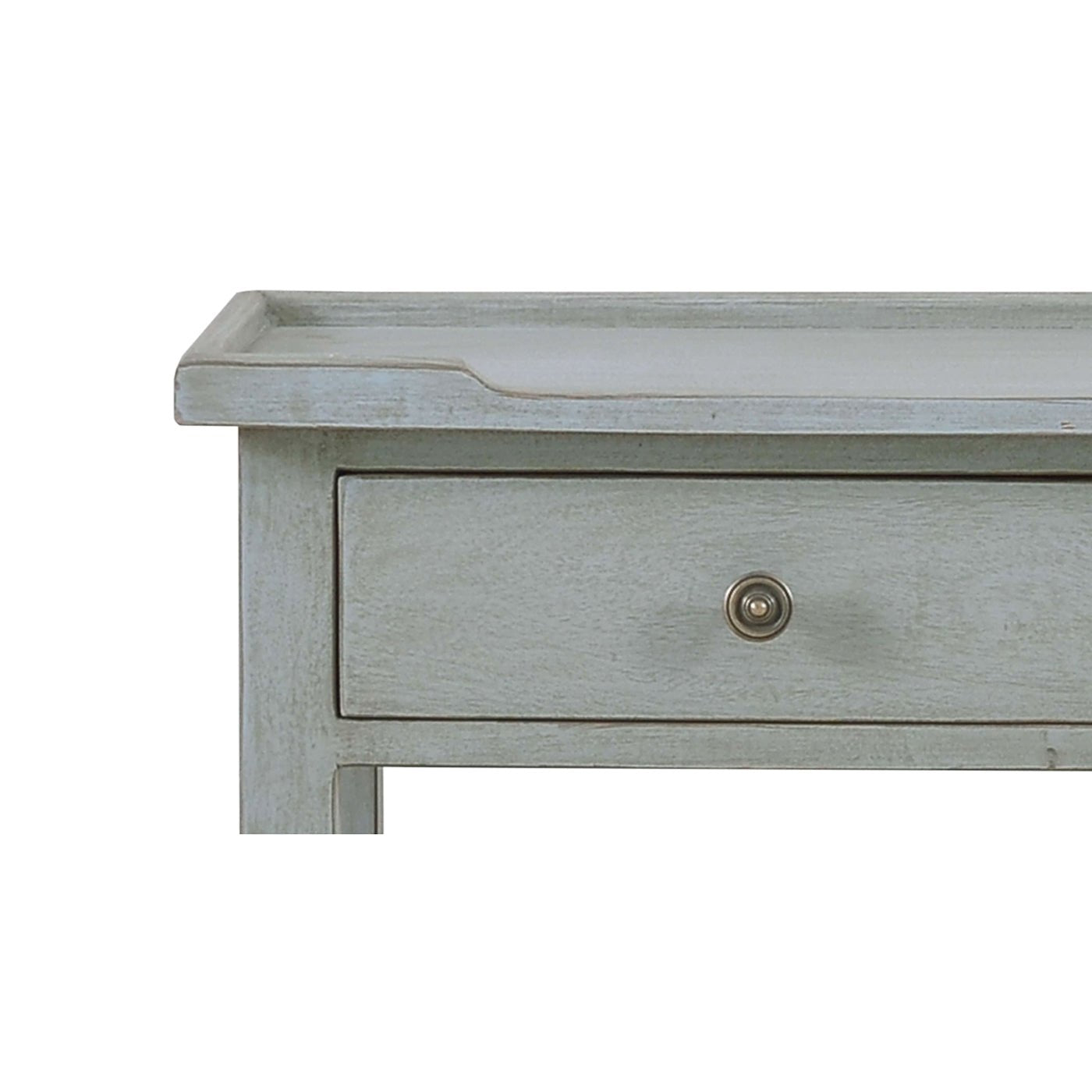 Close-up of console table drawer with knob detail.