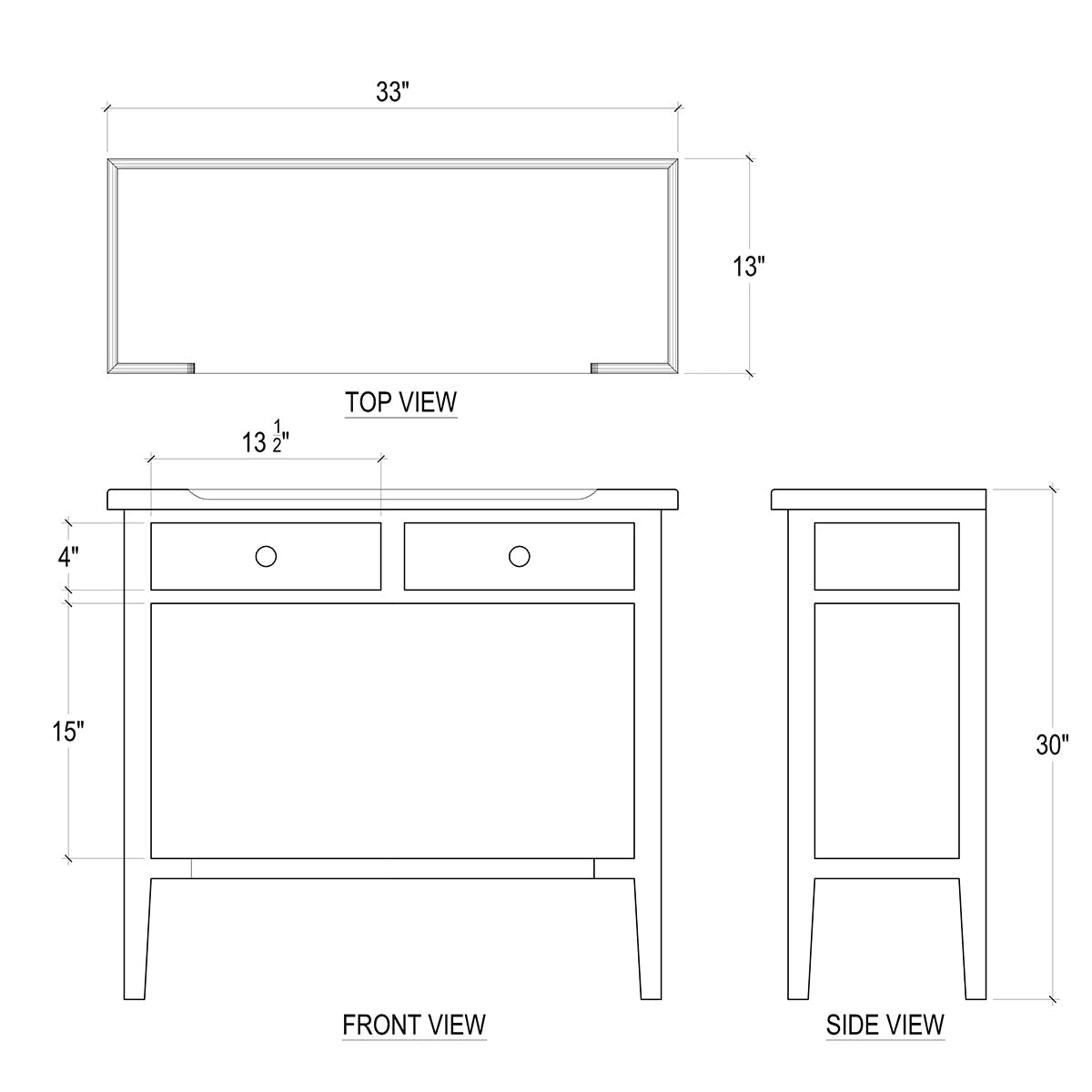 Dimensioned sketch of gray console table, three views.