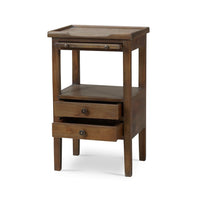 Wooden side table with open drawers, front view.
