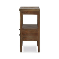 Side view of country-style wooden side table.