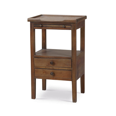 Wooden side table with top shelf, country style.