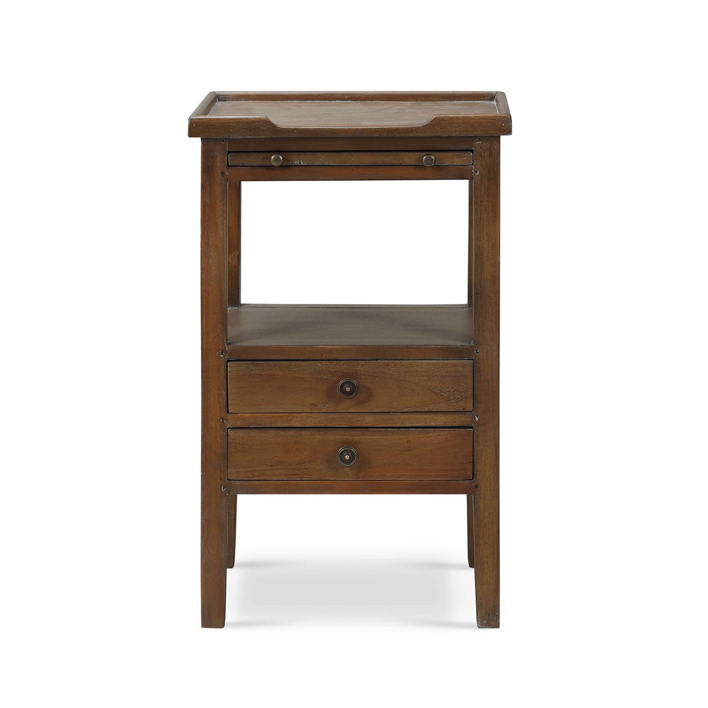 Front view of wooden side table with drawers.