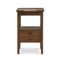 Front view of wooden side table with drawers.