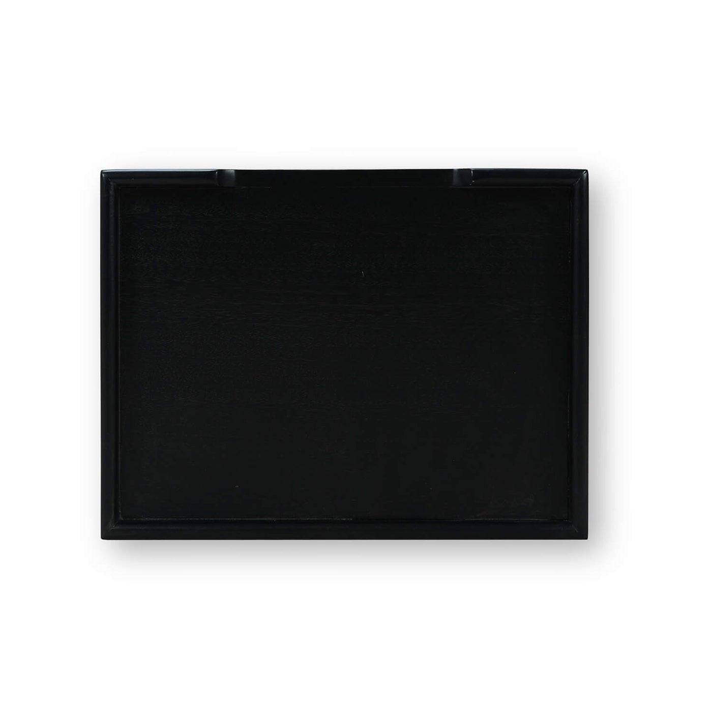 Black side table, top view of the flat surface.