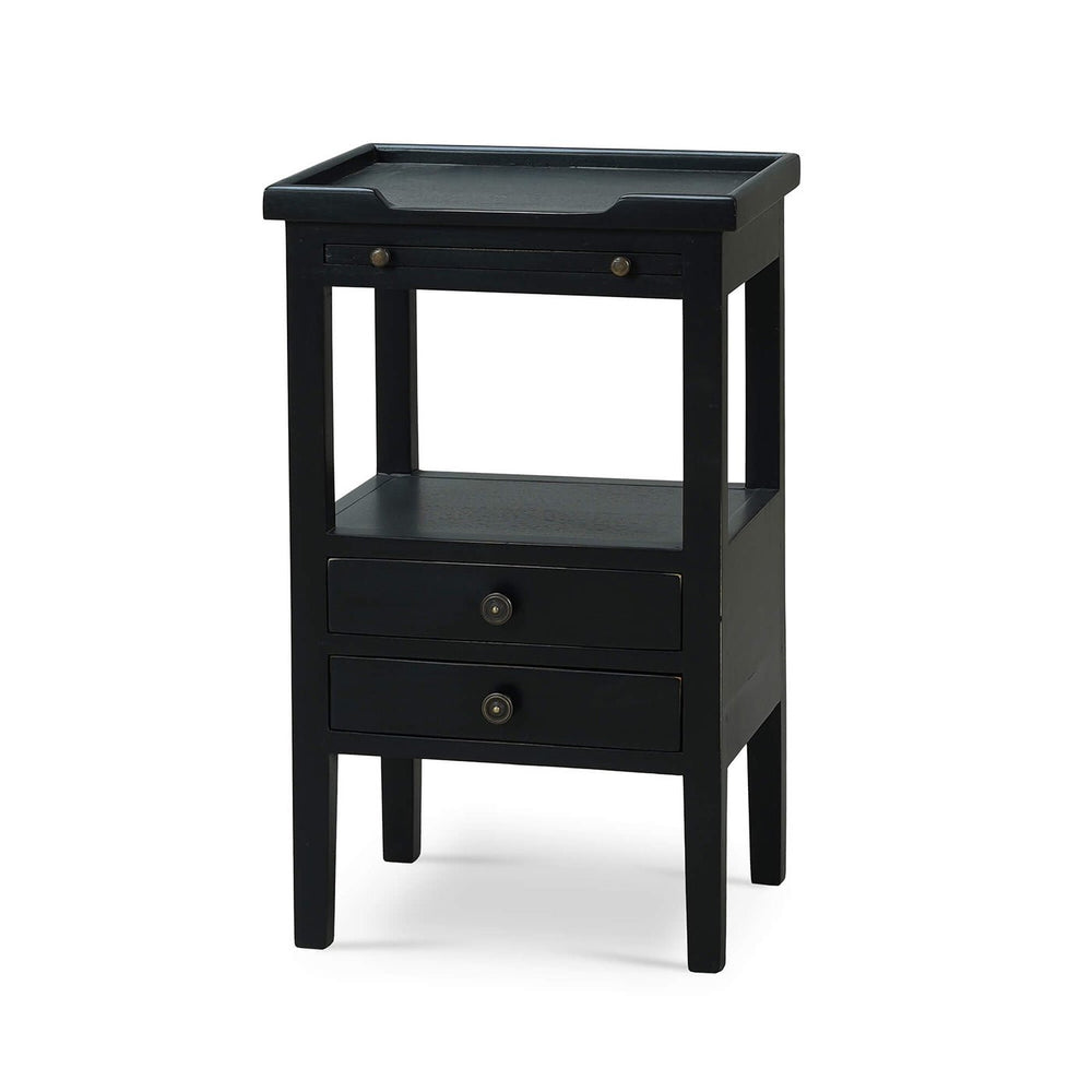 Black side table with two drawers, front view.