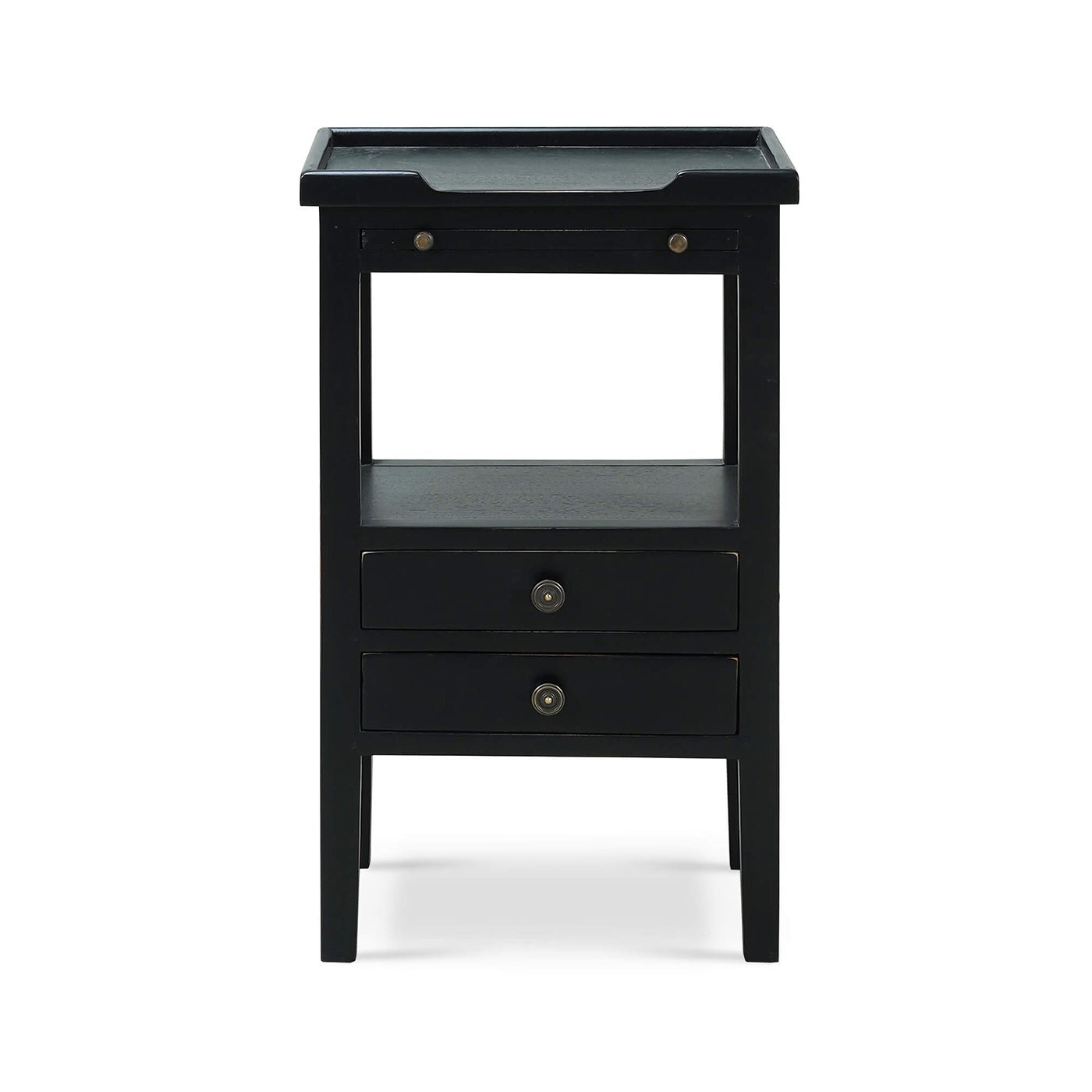 Black side table with two drawers, direct front view.