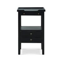 Black side table with two drawers, direct front view.