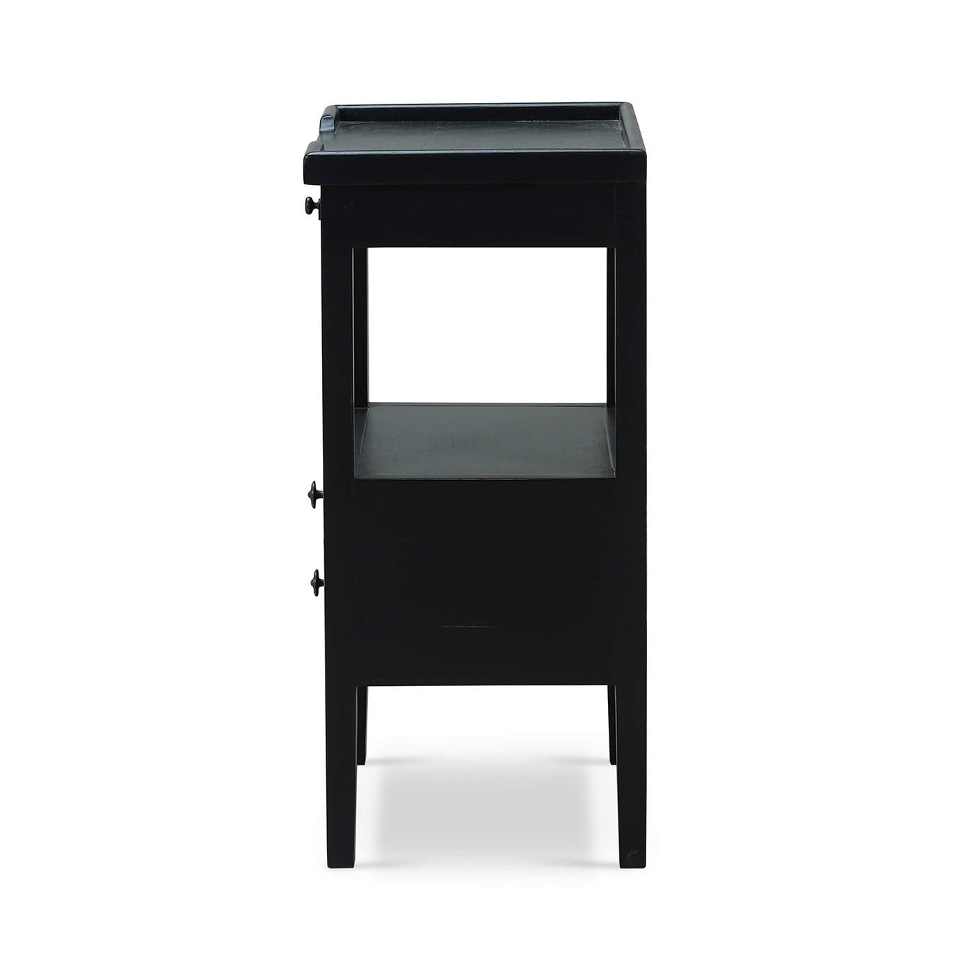 Black side table, side profile highlighting depth and design.