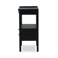 Black side table, side profile highlighting depth and design.