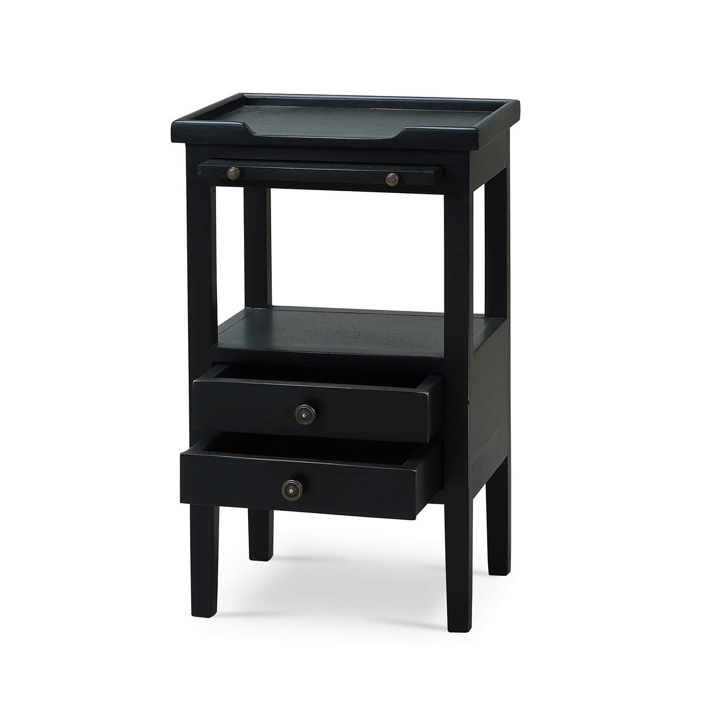 Black side table with open drawers, angled view.