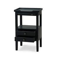 Black side table with open drawers, angled view.