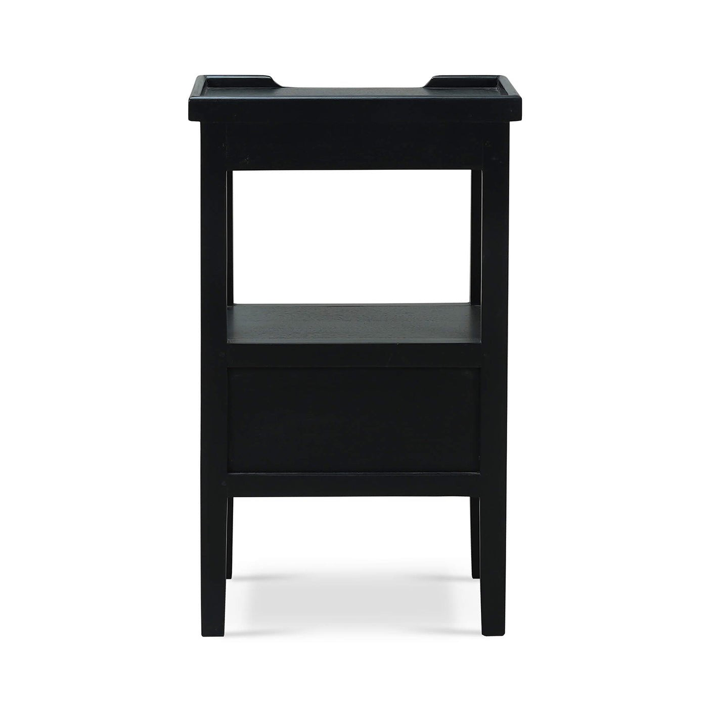 Black side table, rear view showing structure and design.