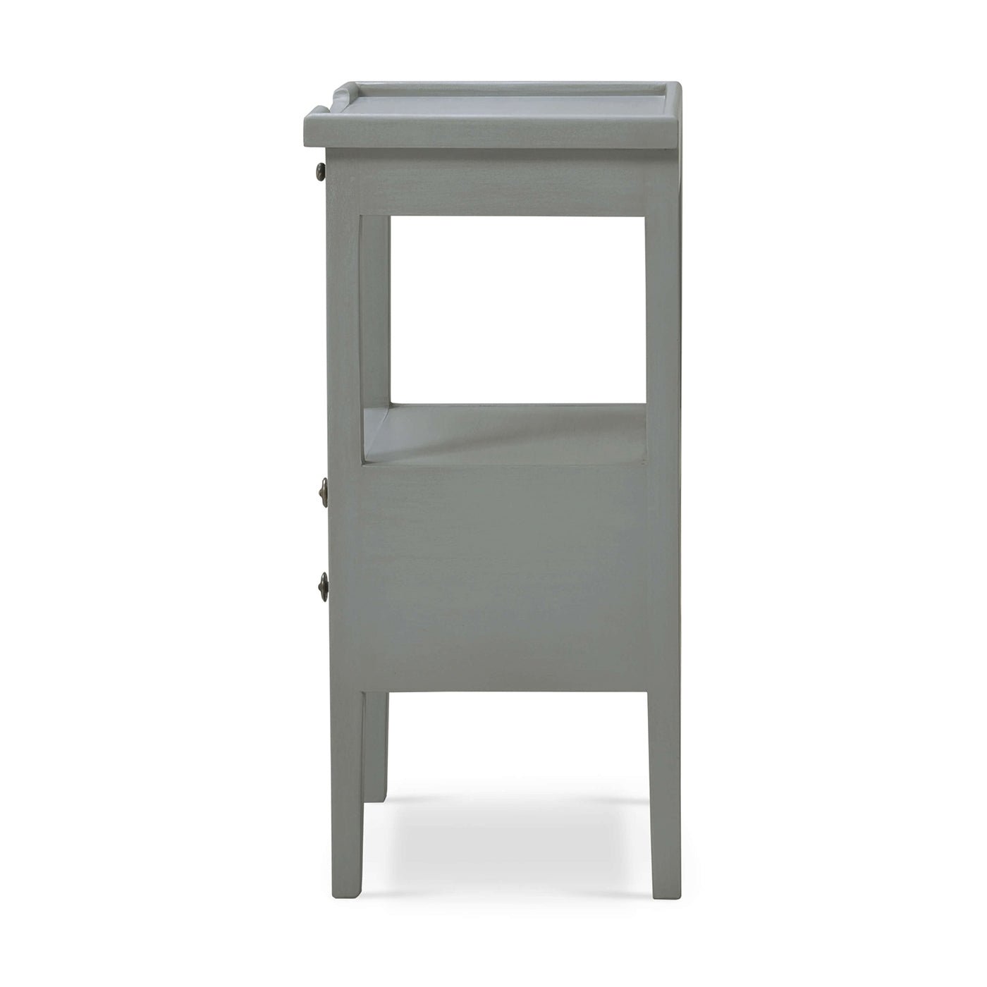 Side view of gray side table, showing slim profile.