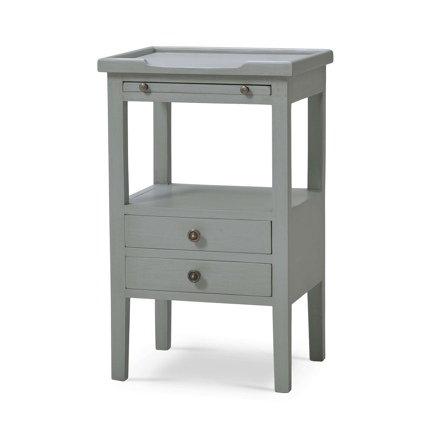 Gray side table with closed drawers, top view.