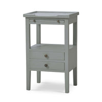 Gray side table with closed drawers, top view.