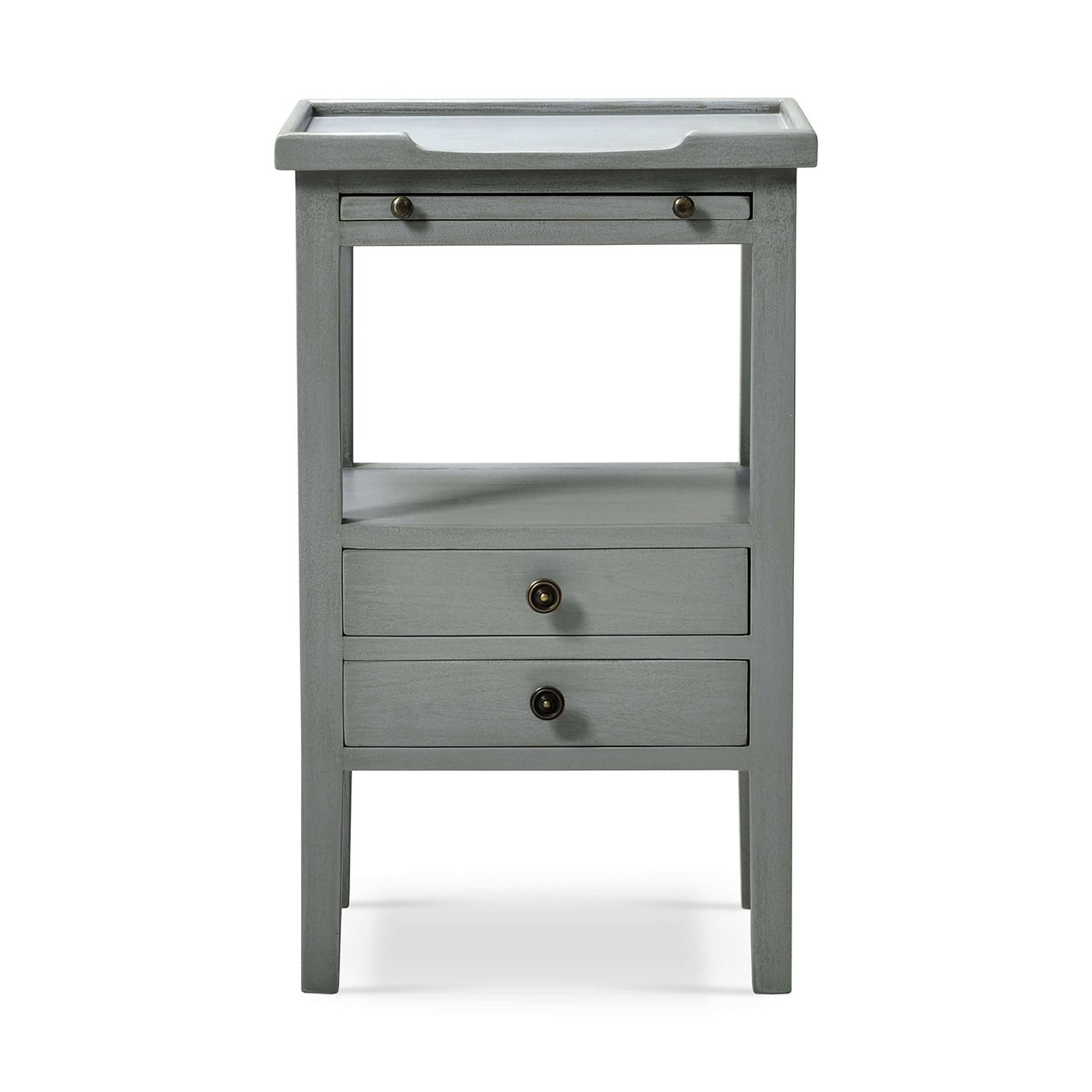 Gray side table, front view showcasing design.