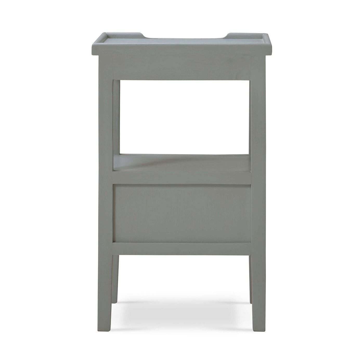 Back view of gray side table, minimalist design.