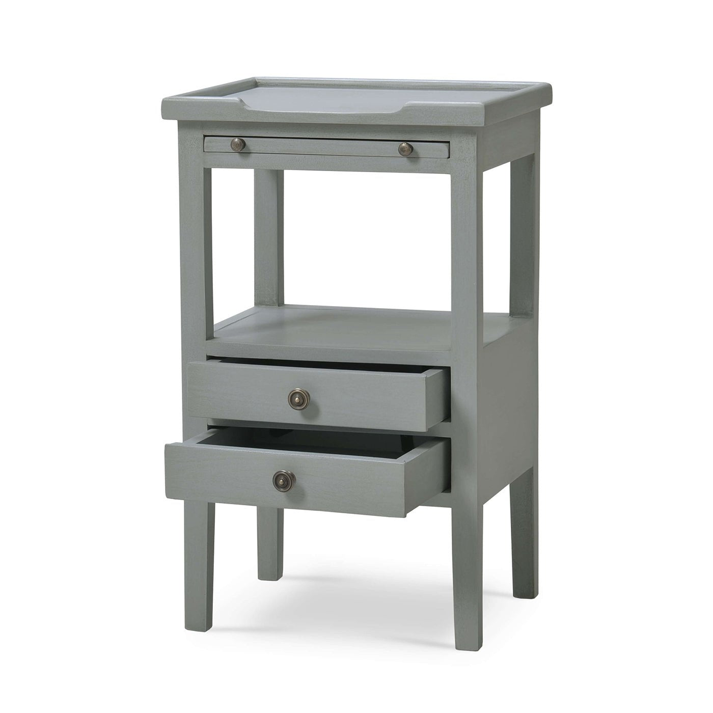 Gray side table with one drawer open, angled view.