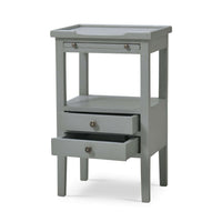 Gray side table with one drawer open, angled view.