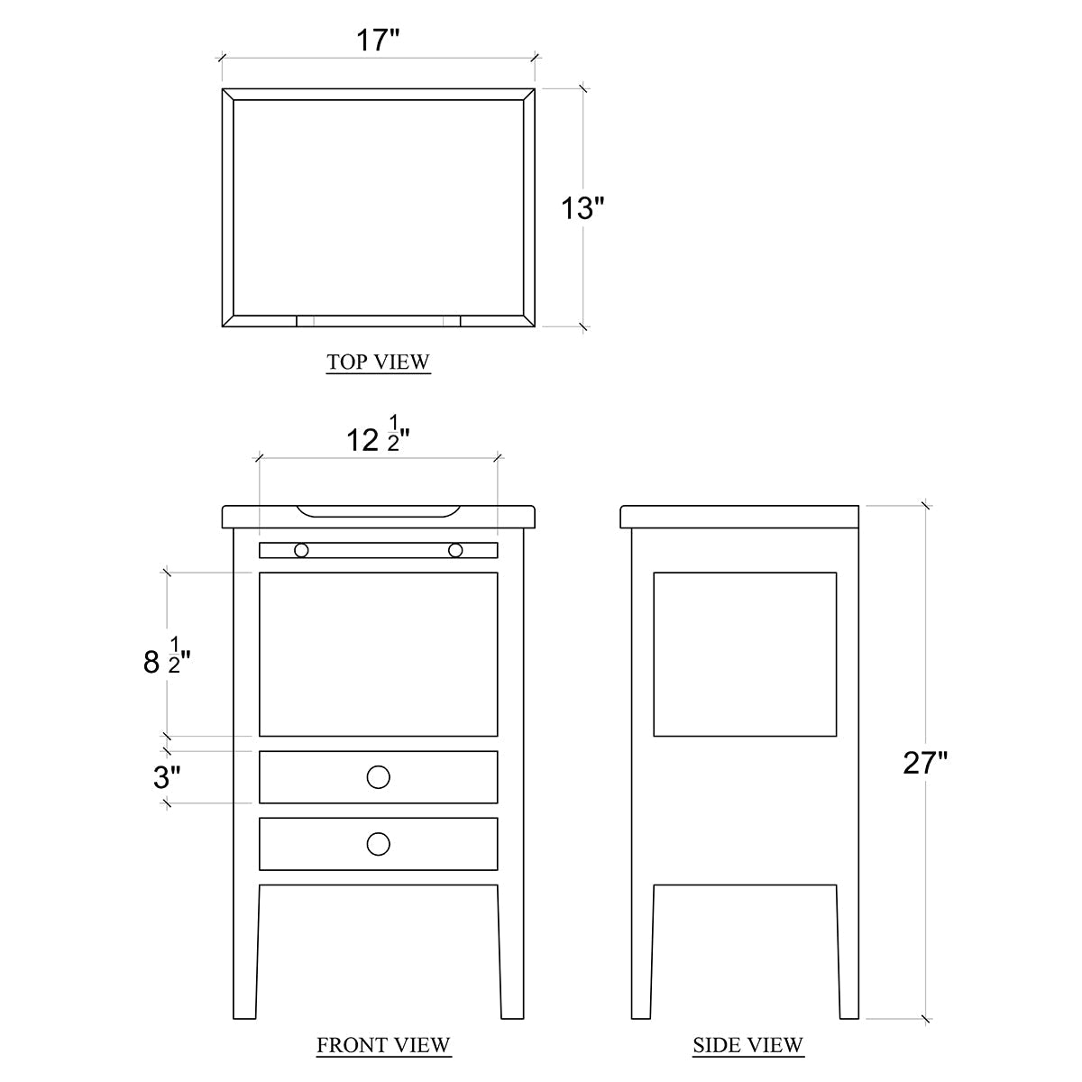 Country style side table, dimensions diagram.