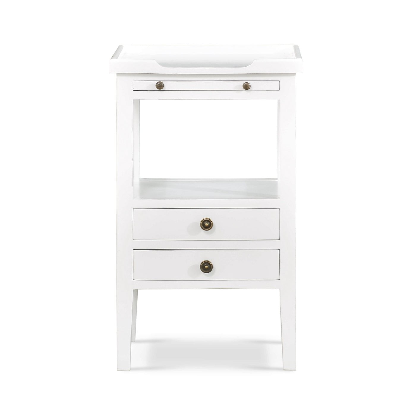 White country style side table, straight front view.