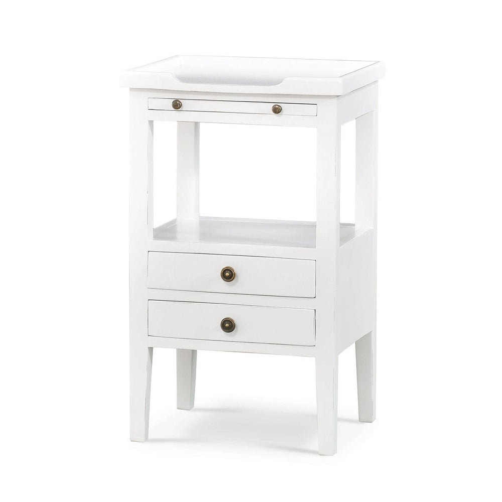 White country style side table, angled front view.