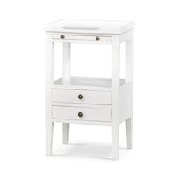 White country style side table, angled front view.