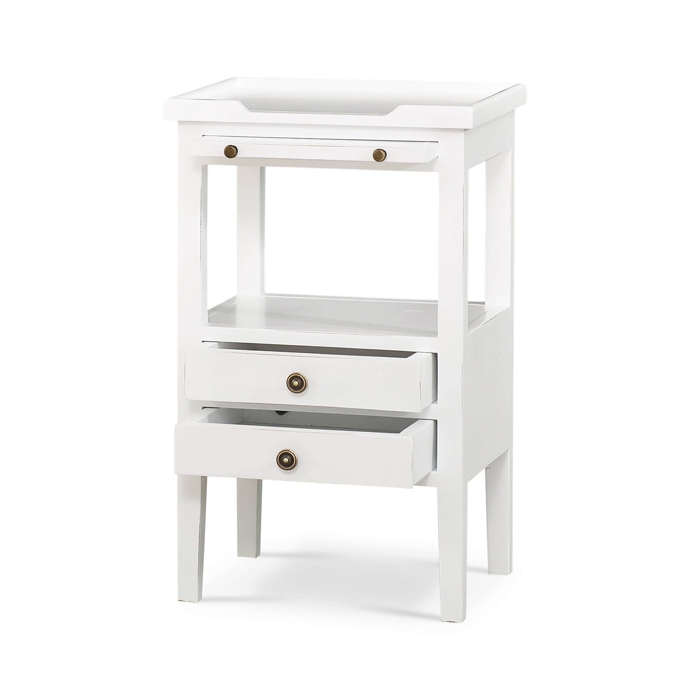 White side table, one open drawer, angled view.