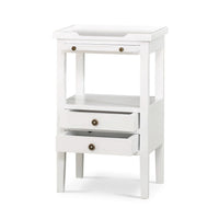 White side table, one open drawer, angled view.