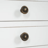 Close-up of white table, drawer knobs.