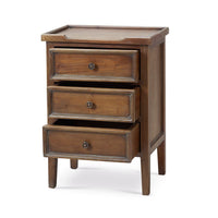 Wooden end table with open drawer view.