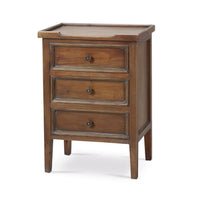 Rustic wooden three-drawer end table angled view.