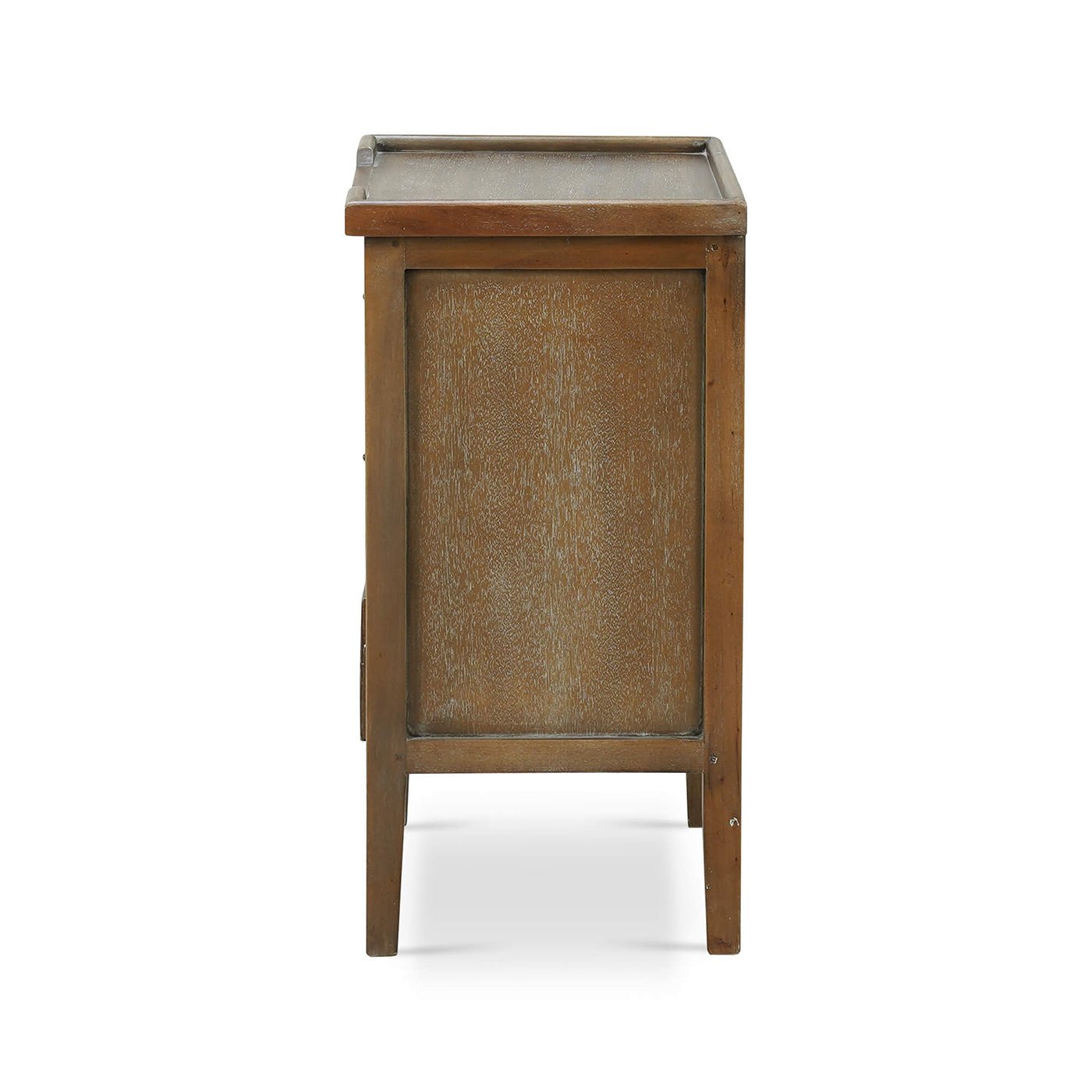 Side view of rustic end table detailing wood grain.