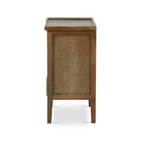 Side view of rustic end table detailing wood grain.
