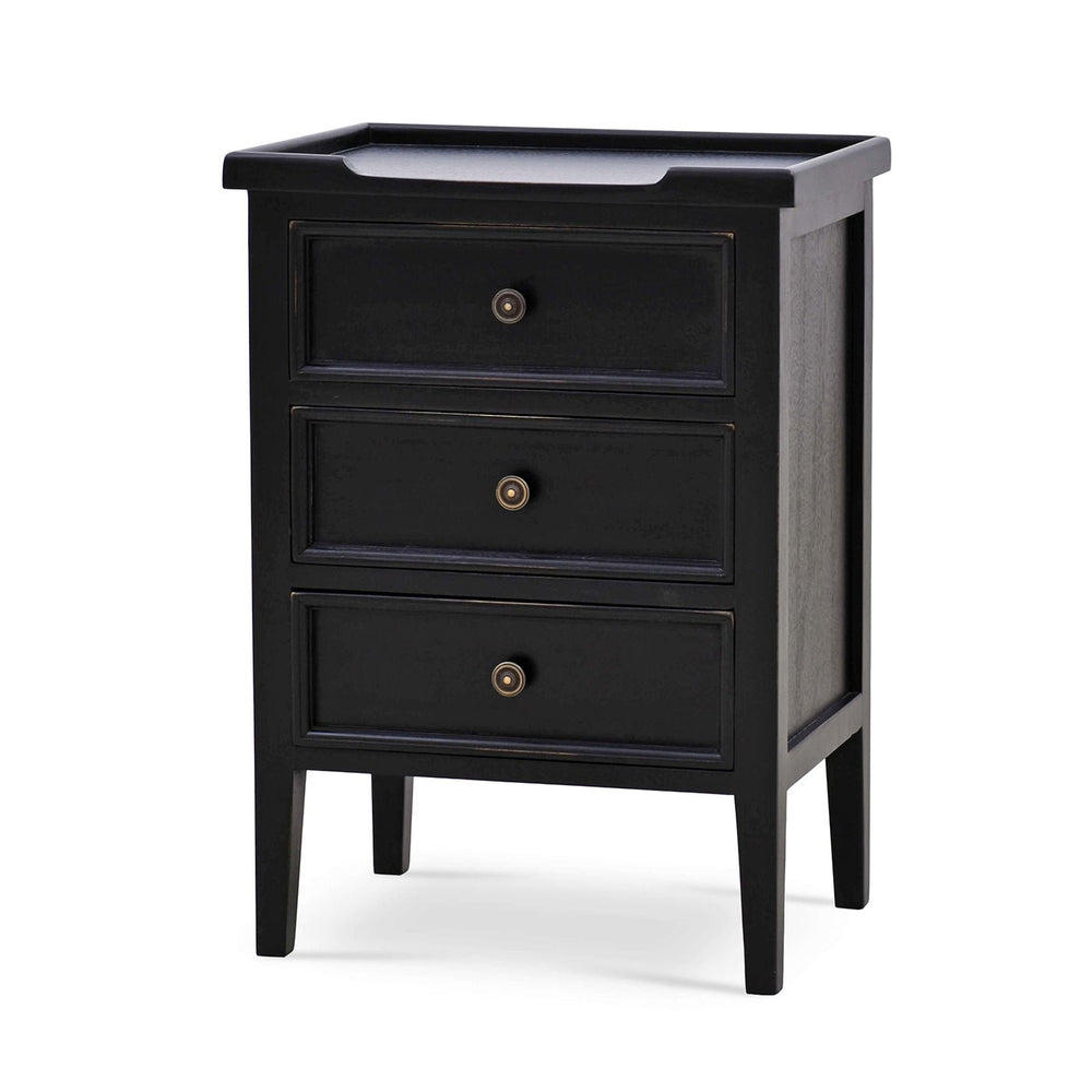 Black three-drawer end table front angled view.