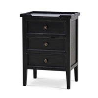 Black three-drawer end table front angled view.