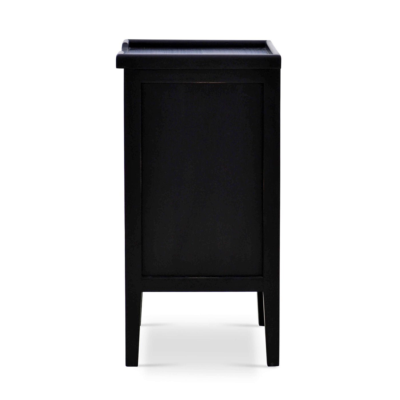 Black three-drawer end table side view.