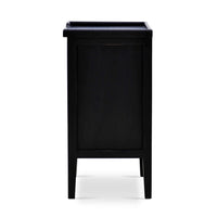 Black three-drawer end table side view.